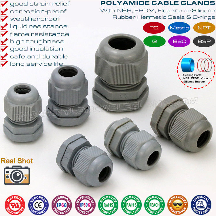 Straight Cable Glands, Metric & PG Thread, IP68, Polyamide 6 (Nylon 6), Grey RAL7001 & 7005, for Junction Box