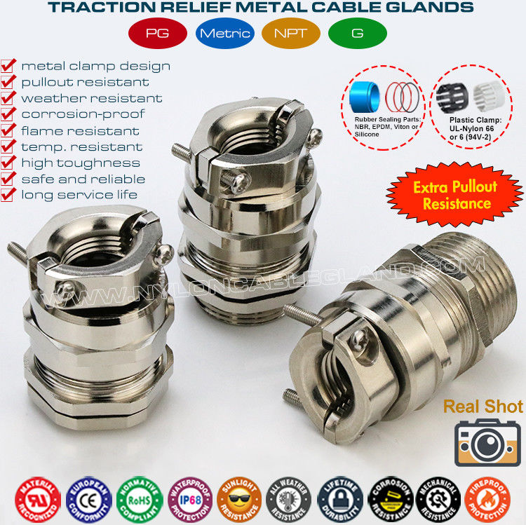 Metal Brass IP68 Watertight Metric Cable Gland M12~M64 with Traction Relief Metal Clamp