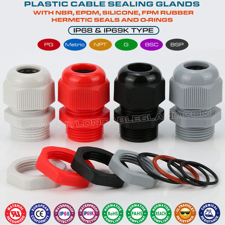 Electrical Cable Gland, Nylon 6, 20mm Metric Thread, M20x1.5, IP68/IP69K, UL94 V-2, para Cable Ø 6-12mm