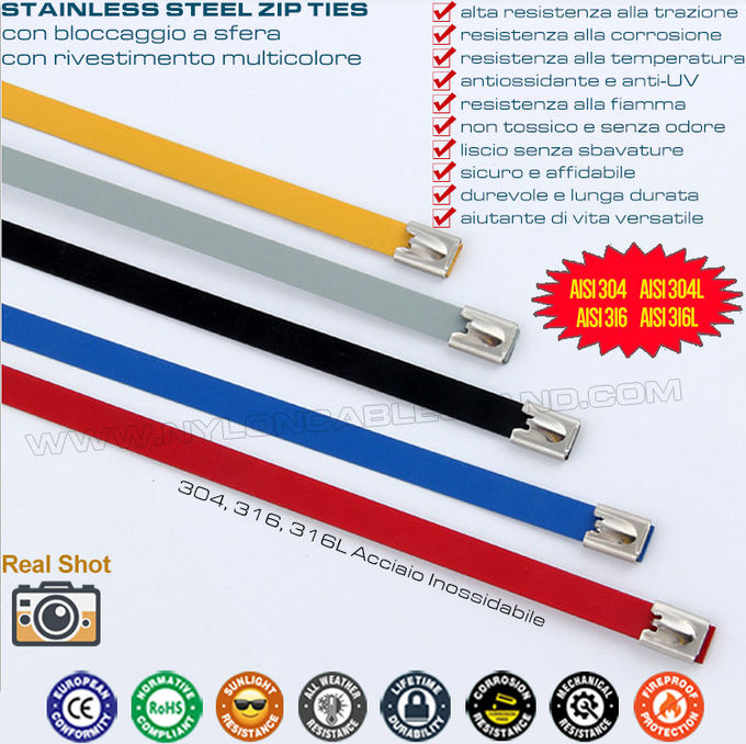 316L/316/304 Epoxidbeschichteter Metall-Kabelband Edelstahl-Kabelbinder Kabelbindere mit Kugelverschluss für Außenbereich