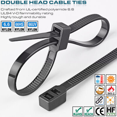 Double-Head Plastic (Nylon 6.6 / PA 6.6) Cable Tie 300x4.8mm, Double-Loop Type, 50 Lbs, UL94 V-2, Versatile Use