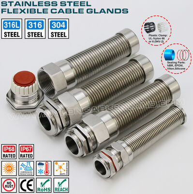 Spiral Metal Cable Glands NPT1/4-NPT3/4 Stainless Steel Flexible Cable Glands, 304, 316 or 316L Type, IP68 Version, NPT Pitch