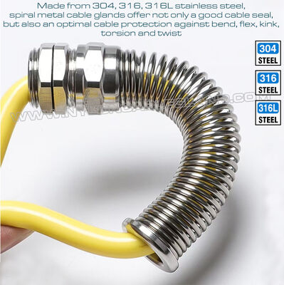 IP68 Stainless Steel Metal Cable Glands with Helical Flexible Pigtail M12x1.5-M50x1.5, Metric Pitch, 316L/316/304 Version