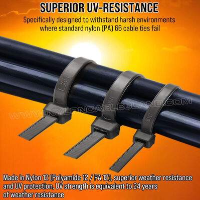 UV Resistant Nylon 12 (Polyamide 12 / PA 12) Cable Tie 300mm x 3.6, Super Weather Resistance, for Durable Outdoor Use