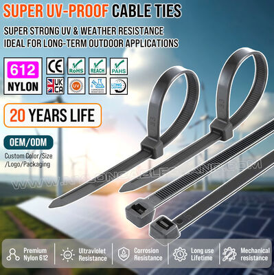 Black Nylon 612 (Polyamide 612, PA612) Cable Tie, Heavy Duty, UV & Weather Resistance, 350mm x 7.6, For Outdoor Solar Facilities