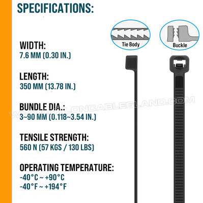 Black Nylon 612 (Polyamide 612, PA612) Cable Tie, Heavy Duty, UV & Weather Resistance, 350mm x 7.6, For Outdoor Solar Facilities