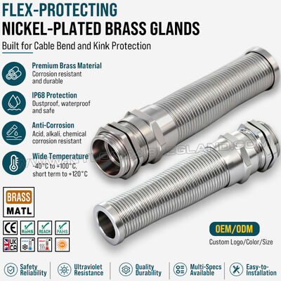 Spiral Metal Cable Gland Nickel-Plated Brass with Strain Relief, PG13.5 (Ø 6-12 mm), DIN 40430/EN 62444, for Cable Bend Protection