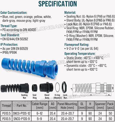 Colored Strain Relief Cable Gland Nylon 6 (Polyamide 6/PA6), PG13.5 (Ø 6-12mm & 5-9mm), IP68 & IP69K, for Cable Identification & Organization