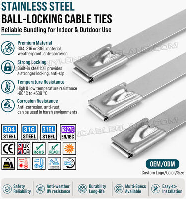 Uncoated Cable Tie Stainless Steel Type 316L, 316 or 304, 12mm Width x 350mm-1100mm Length, 675 lbs (306 kgs/3000N), for Industrial Manufacturing & Machinery