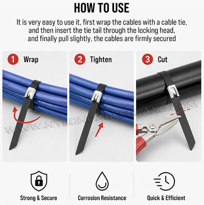 Black Epoxy-Coated Metal Cable Ties, Ball-Lock Type, 316L/316/304 Stainless Steel, Width 7.9mm x Length 150-1000mm, for Corrosive Environments