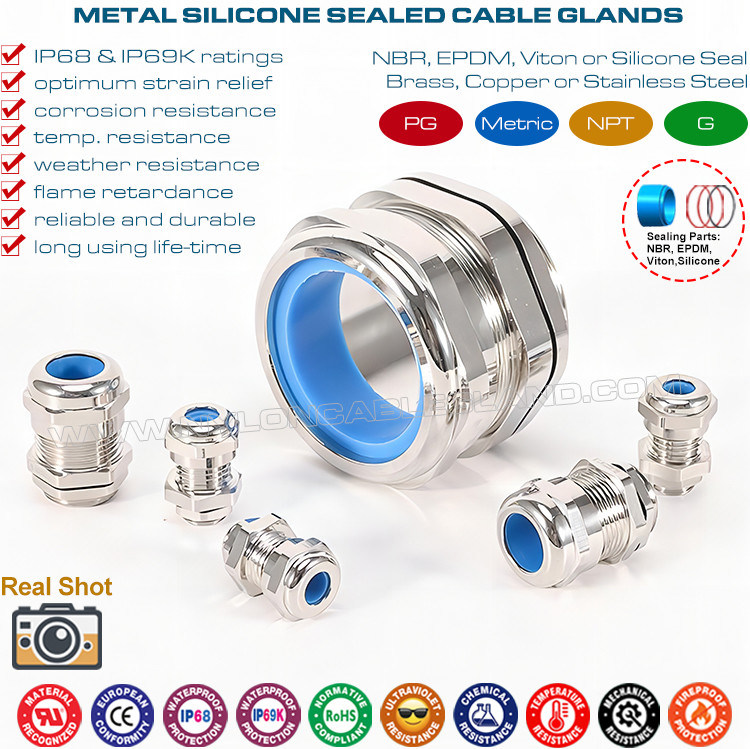 Adjustable PG Brass Cable Glands, IP68 Watertight Copper Cable Glands with Heat-proof Blue Silicone Seals & O-rings