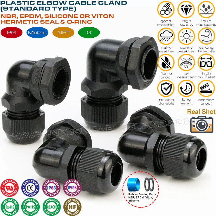 90° Elbow Hermetic Cable Glands, IP68 Waterproof Right Angled Electrical Cable Connector Glands with PG & Metric Threads
