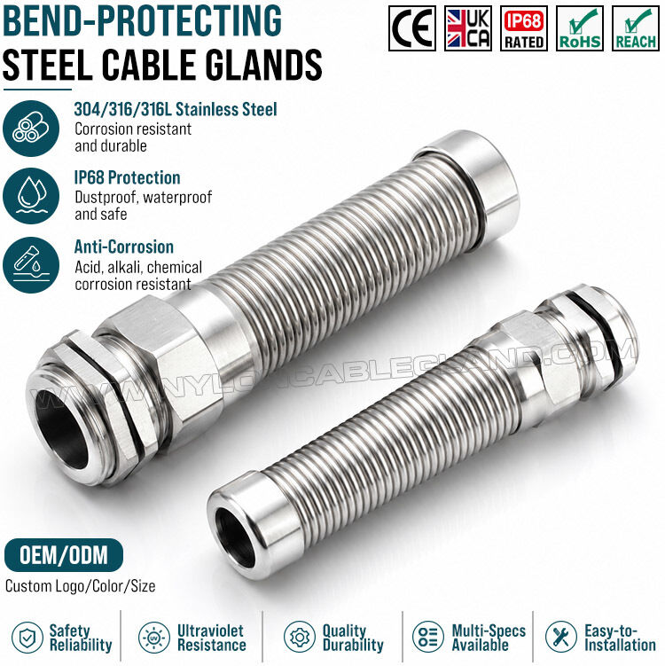 IP68 Flexible Cable Gland Spiral M32x1.5 (Ø15~22mm), Inox Steel 304, 316 or 316L, Sharp Bend Protection, For Extreme Environments
