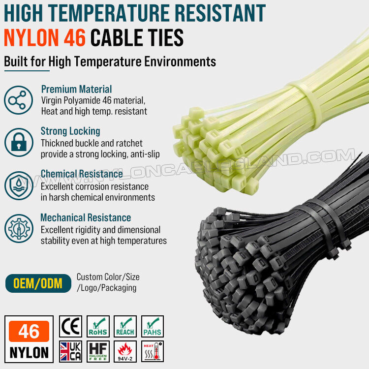 High Heat Resistant Nylon 46 (Polyamide 46, PA46) Cable Tie, 300mm x 7.6, 130LBS / 560N, For High Temperature Environments
