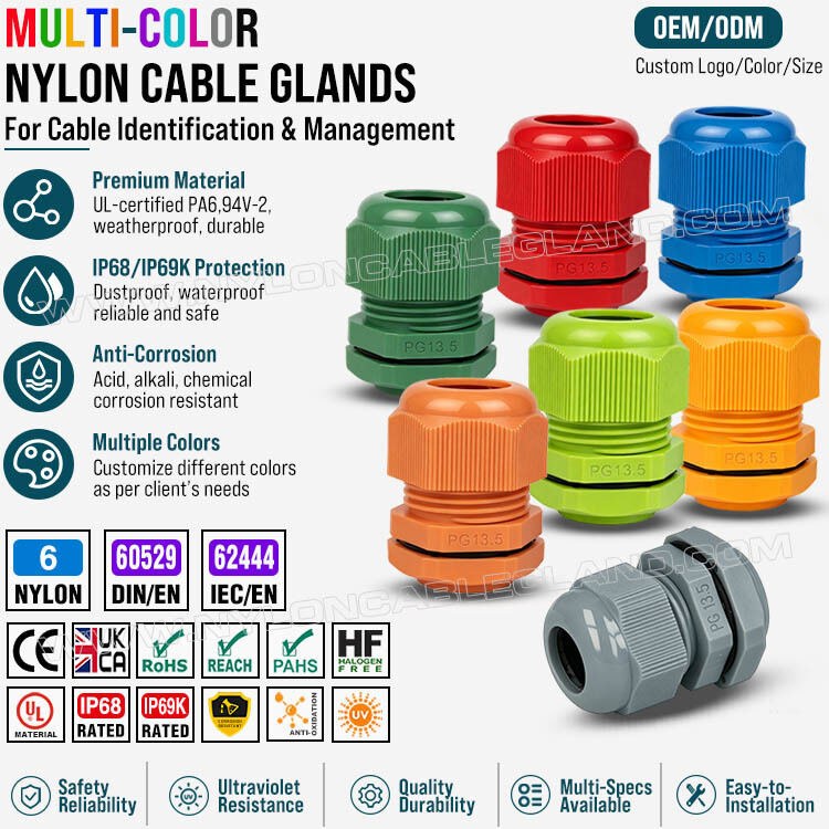Colored Cable Glands, Nylon 6 (Polyamide 6, PA6), PG13.5 (6-12mm & 5-9mm), IP68/IP69K, for Visual Identification & Cable organization