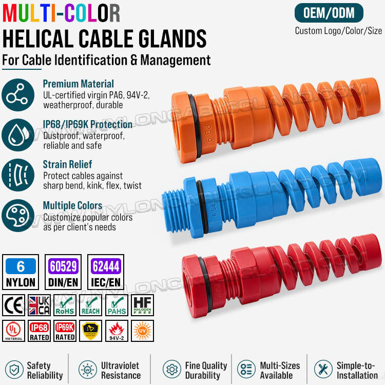 Colored Spiral Flexible Cable Glands with Strain Relief, Nylon (Polyamide) 6, Short or Long Thread, PG9 (4-8 mm & 2-6 mm), for Cable Organization