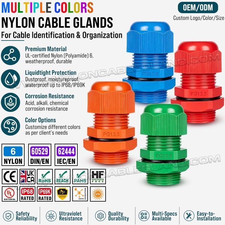 PG13.5 Long-Thread Color Plastic Cable Glands Nylon Polyamide, IP68 / IP69K, for Cables 6-12 mm or 5-9 mm