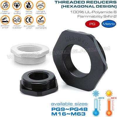 Sechskant Kunststoffreduzierstücke Außengewinde auf Innengewinde PG9~PG48, Sechskant Nylon Reduktion Reduzierungen Außengewinde auf Innengewinde M16~M63 für elektrische