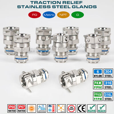Stainless Steel Traction Relief Metric Cable Gland M16 (5-10mm) with FKM/FPM Seals & O-Rings for Portable Equipment