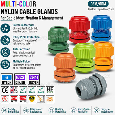 Farbige Kabeldrüsen, Nylon 6 (Polyamid 6, PA6), PG13.5 (6-12mm & 5-9mm), IP68/IP69K, für die visuelle Identifizierung und Kabelorganisation