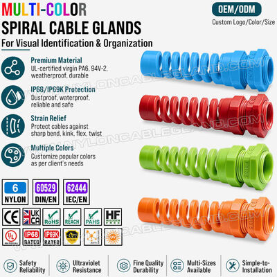 Farbige Dehnungskabeldrüse Nylon 6 (Polyamid 6/PA6), PG13.5 (Ø 6-12mm & 5-9mm), IP68 & IP69K, für die Identifizierung und Organisation von Kabeln