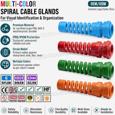 Farbige Spiral-Kabelverschraubung Nylon 6 (Polyamid 6/PA6) mit Zugentlastung, PG13.5 (Ø 6-12 mm & 5-9 mm), IP68 & IP69K, zur Kabelkennzeichnung und -organisation