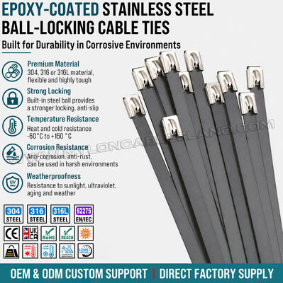 Schwarze epoxidbeschichtete Metallkabelbinder mit Kugelverschluss, Edelstahl 316L/316/304, Breite 7,9 mm x Länge 150-1000 mm, für korrosive Umgebungen