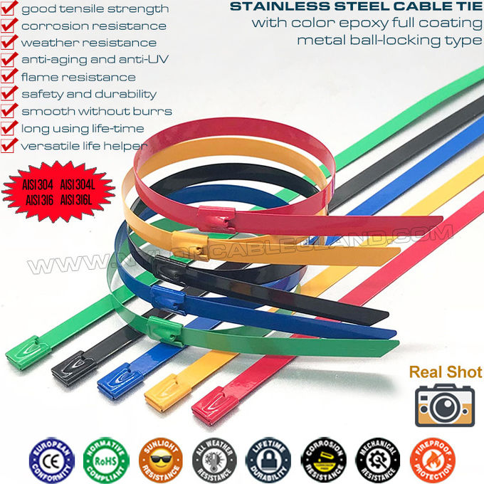 304/316 Edelstahl Kabelbinder mit Epoxid Polyester Vollbeschichtung 500mm x 7.9, Nylon Kunststoff beschichteter Metalldrahtbinder (Ø13–128mm, 380lbs) zum Ordnen von Kabeln