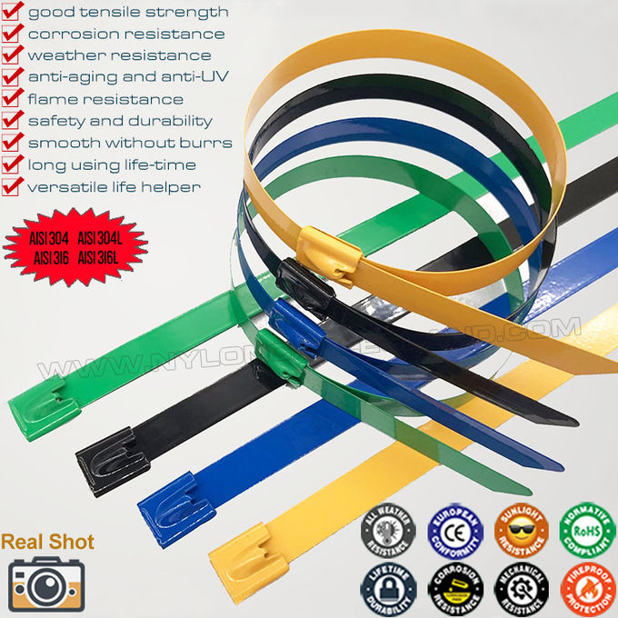 Edelstahl Kabelbinder Kabelbänder 304/316 mit Vollepoxid-Beschichtung, Polyester (PVC) Vollbeschichtung Metallkabelstraps, Nylon-Kunststoffbeschichtung Metallschnellbinder zum Ordnen von Elektrokabeln