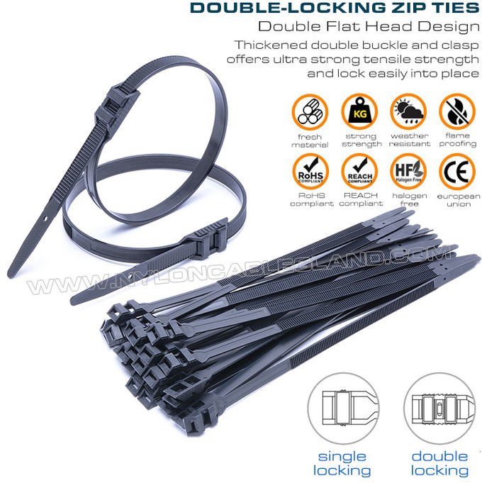 Kabelbinder Doppelverriegelung /Kabelbinder Doppelkopf, schwarz, Nylon (PA) 6.6, 110lbs (500N), 9x180~9x760mm, Außeneinsatz