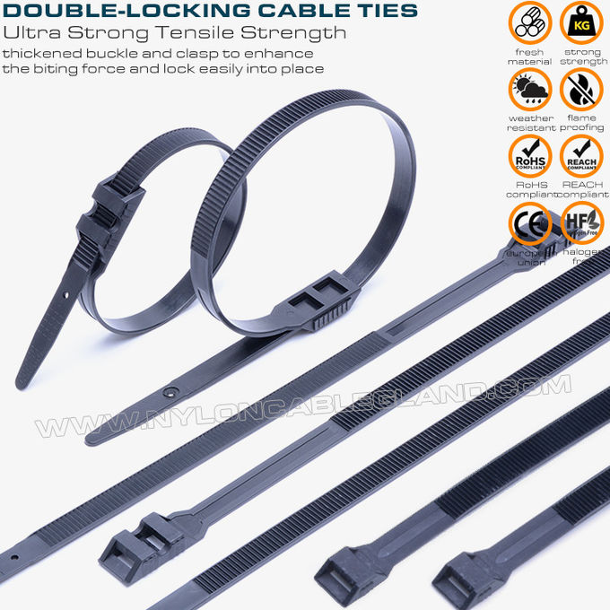 Kabelbinder Doppelverriegelung / Kabelstraps Doppelverriegelung, schwarz, Nylon (PA) 6.6, 760x9mm, 110lbs, 500N, Ø20–220mm, Außeneinsatz