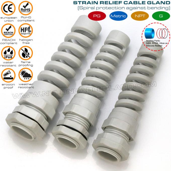Spiral Kabelverschraubung PG Steigung Nylon 6 IP68, Kabelverschraubung mit Zugentlastung PG11 Flexible Kabelverschraubung Verbinder Polyamid 6 grau für 5-10mm Kabel