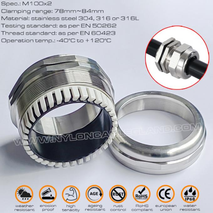 304, 316, 316L Edelstahl Metrische Kabelverschraubung, IP68-Schutzart, EN 60423, M100x2.0, für 78~84mm Bereich