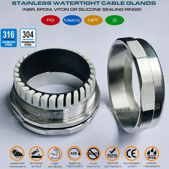 304 Edelstahl Wasserdichte Kabelverschraubung, 65~70mm Einstellbar 316 Edelstahl M88x2 metrische Kabelverschraubung Stecker IP68 für große Kabel