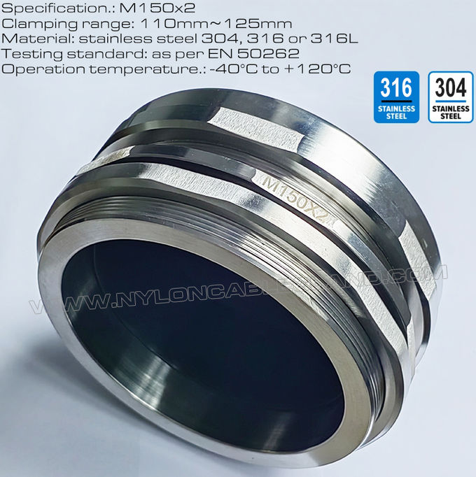 Kabelverschraubung M150x2 aus Edelstahl 304/316 für 110–125 mm Kabel